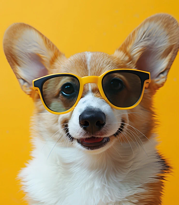 un petit chien joyeux avec des lunettes de soleil jaunes